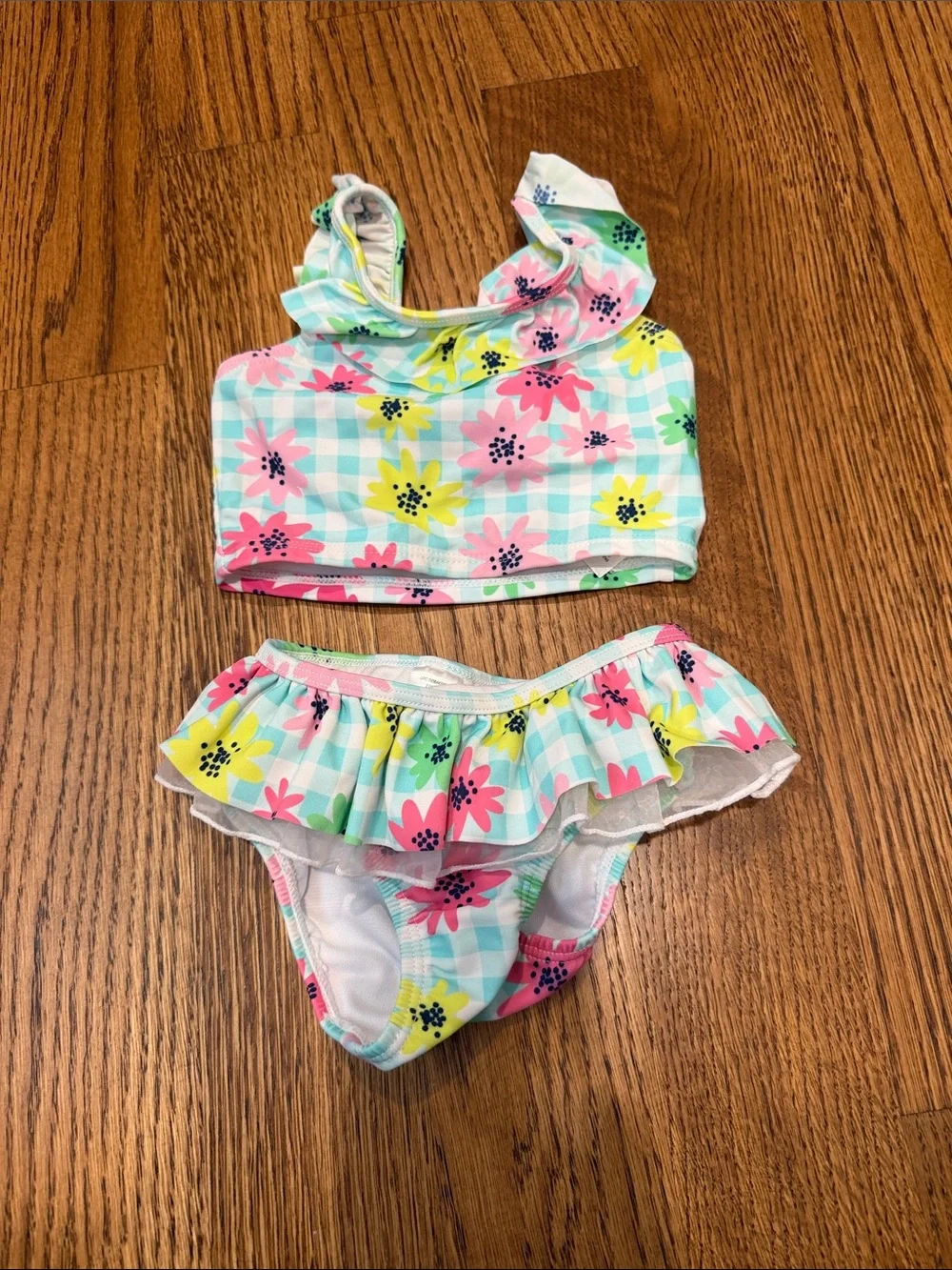Little Me Floral Ruffle Two-Piece Bikini - Aqua, Pink & Yellow